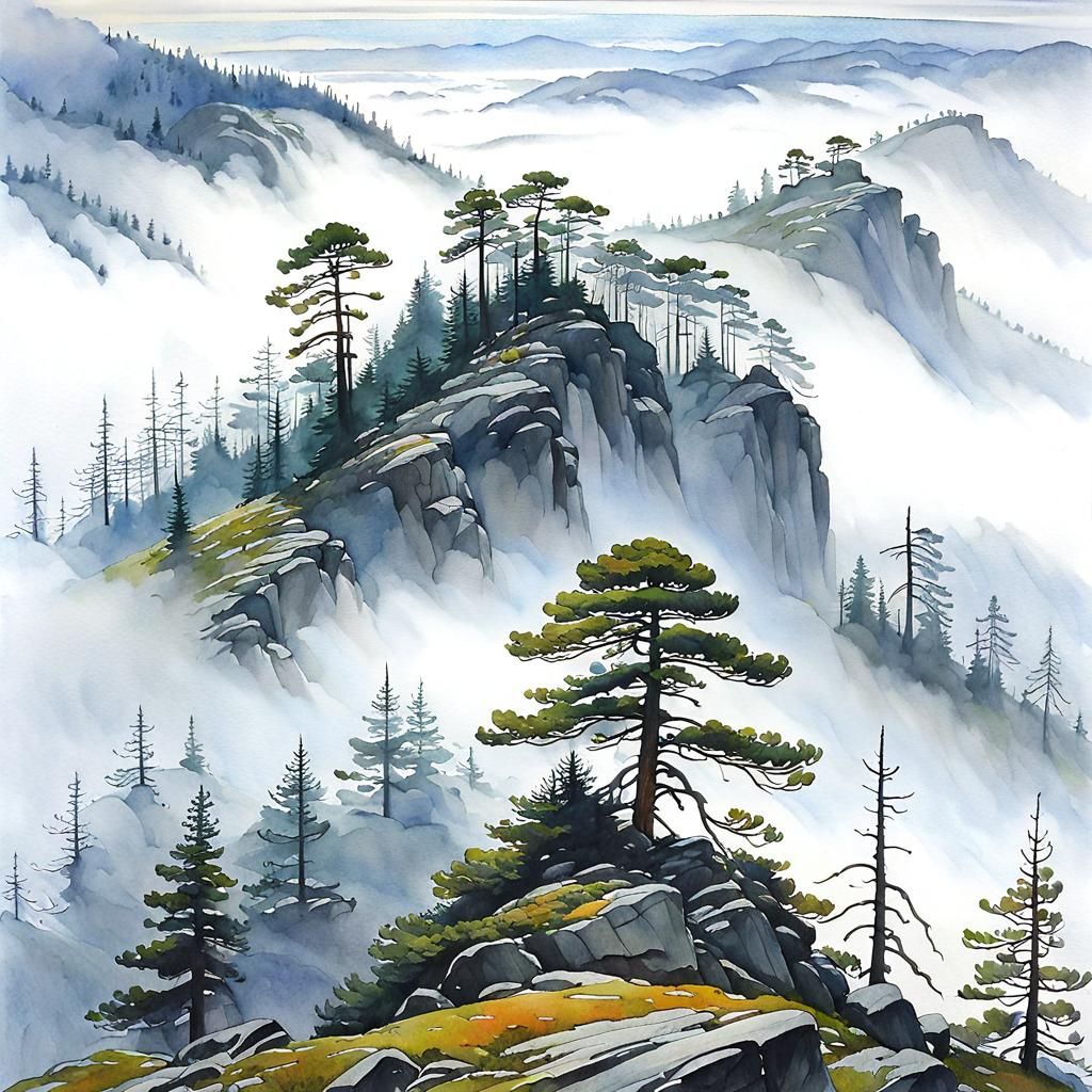 Misty Mountain Top Watercolour Painting