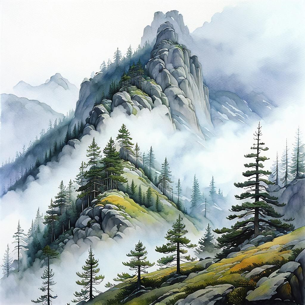 Misty Mountain Watercolor Painting with Pine Trees