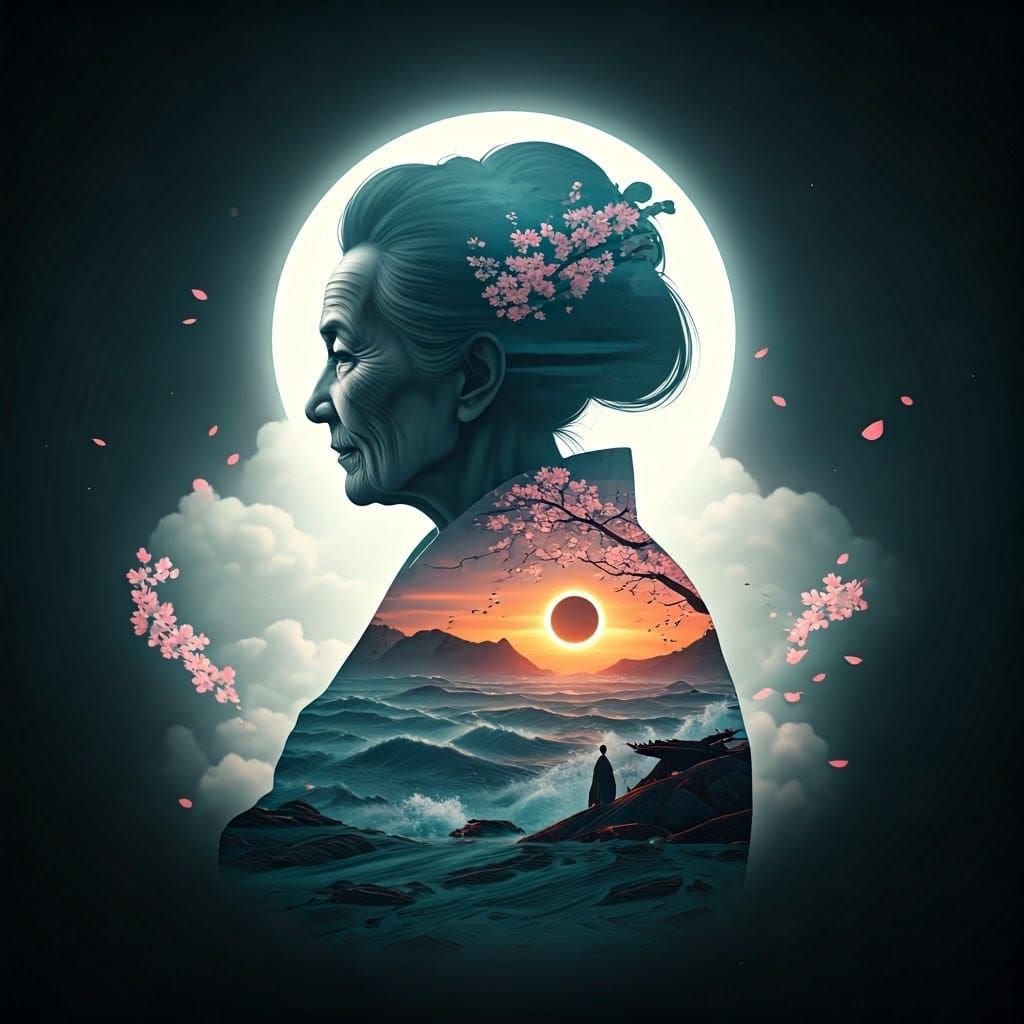 Ethereal Geisha Silhouette in Vibrant Sakura Landscape