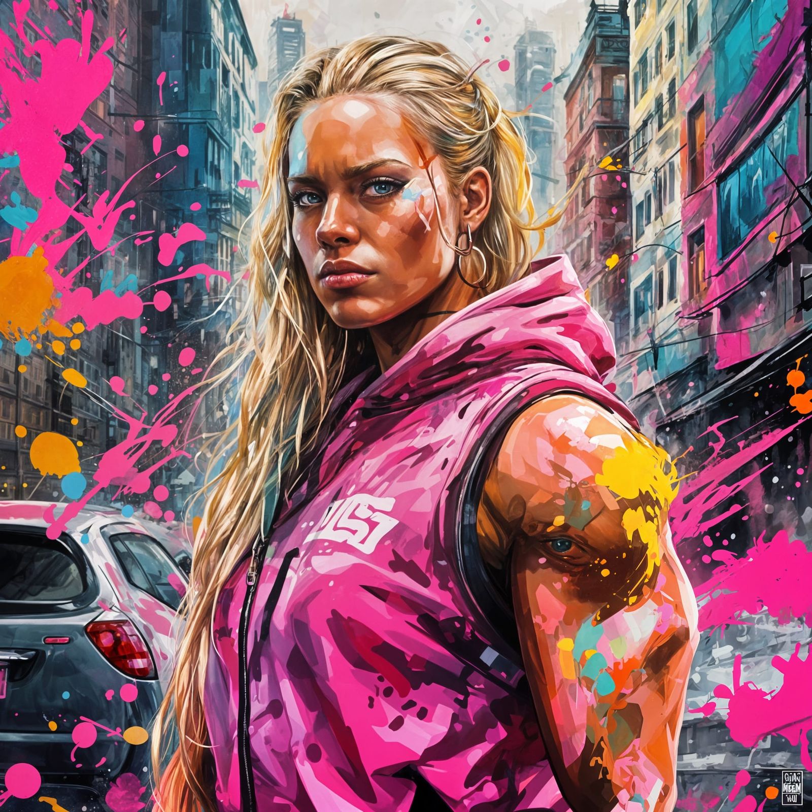 Strong Female Icon in Vibrant Cityscape