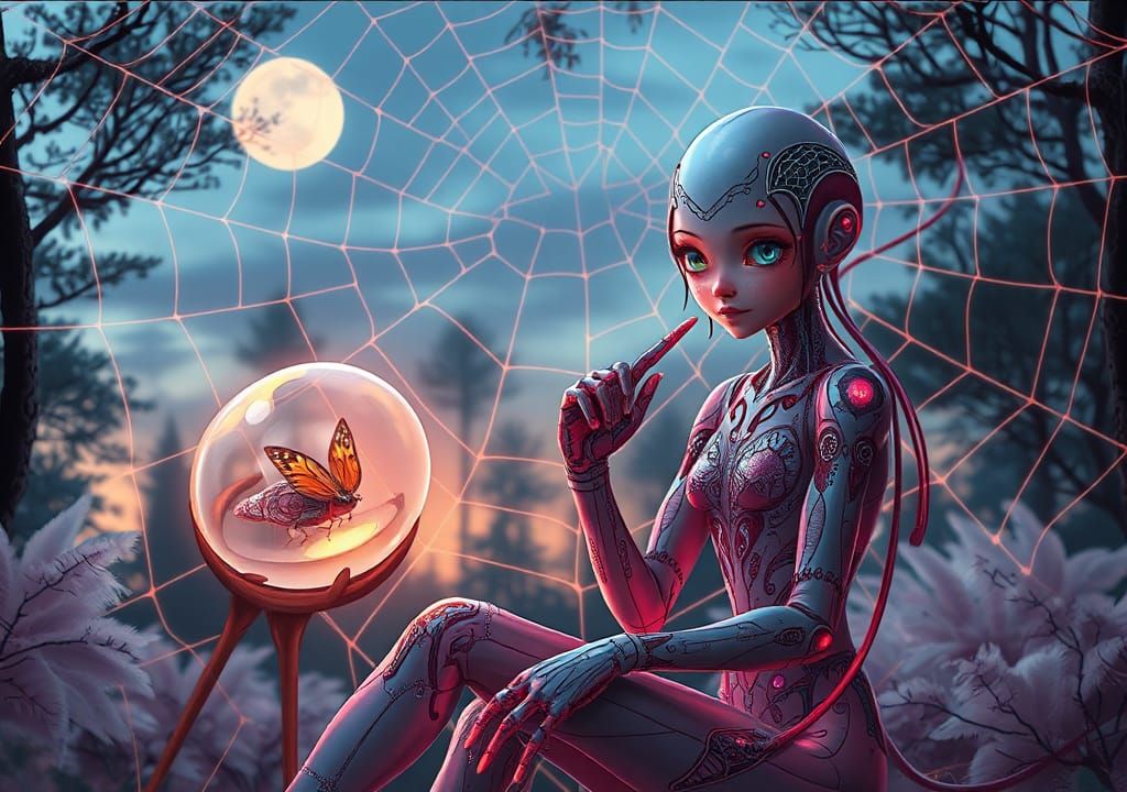 Ethereal Cyborg in Spiderweb Haven, Art Nouveau Style