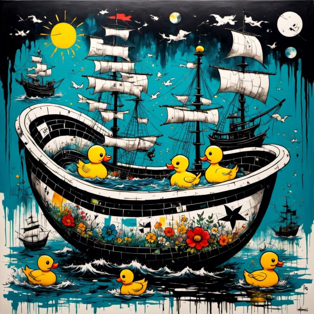 Imaginative Pirate Ship and Duck Bathtub Ink Drawing