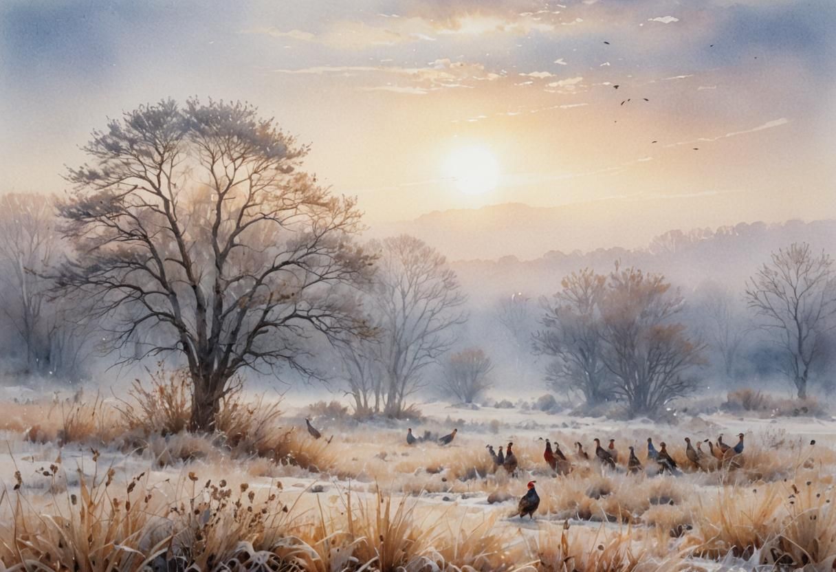 Pheasants in Foggy Landscape: Watercolor Painting
