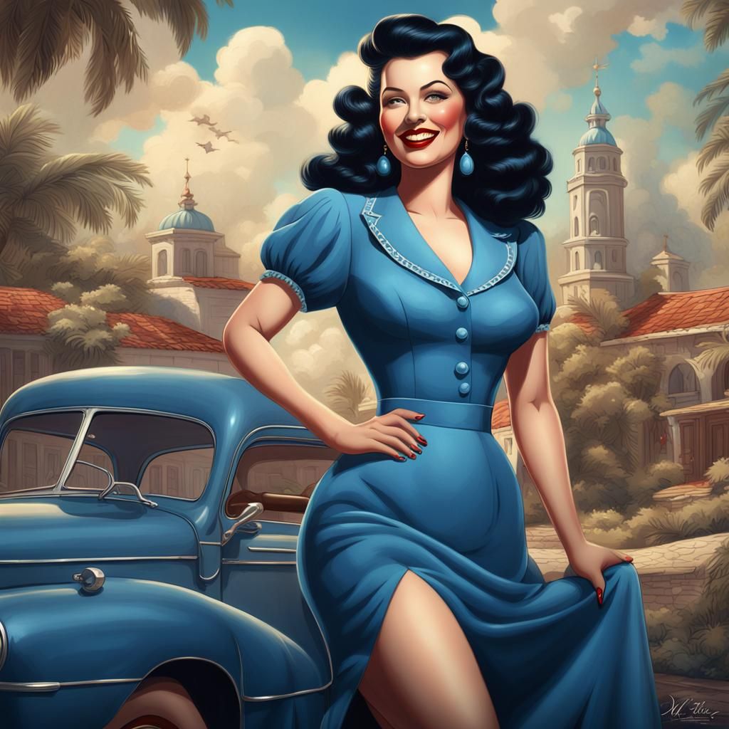 Voluptuous Woman in 1940s Pinup Illustration Style