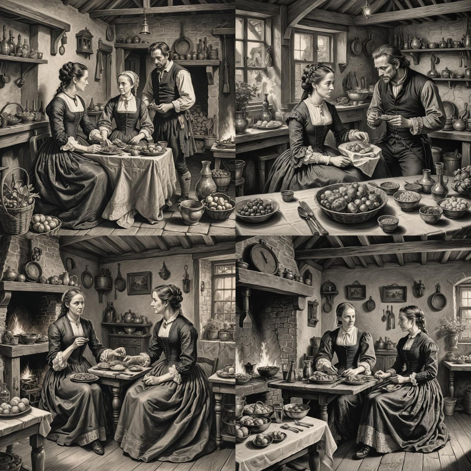 17th Century Cottage Conversation in Charcoal