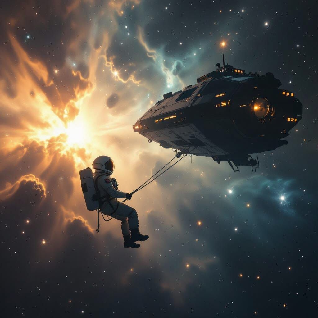 Astronaut Adrift Near Derelict Ship in Cosmic Void