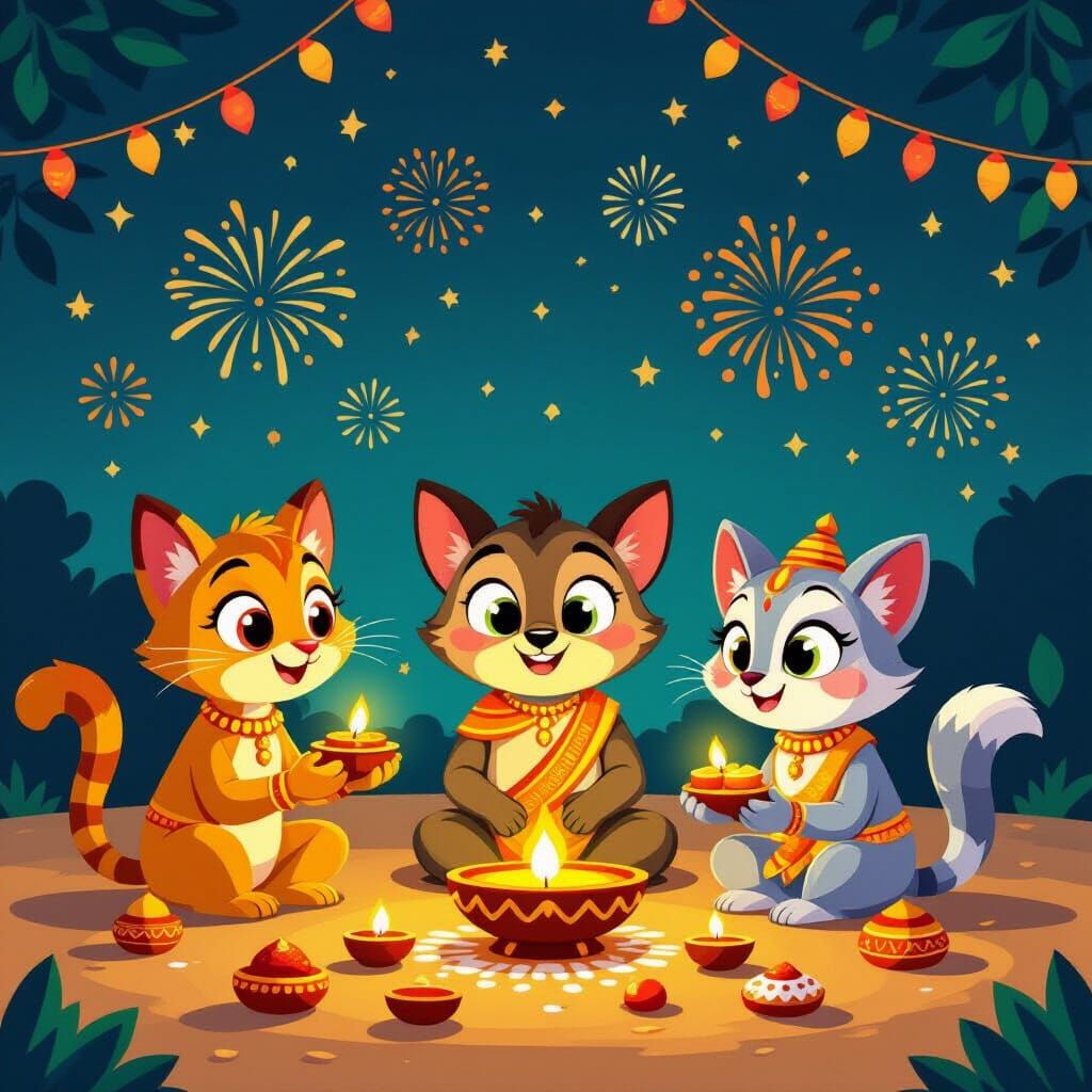 Joyful Diwali Celebration with Cartoon Animals