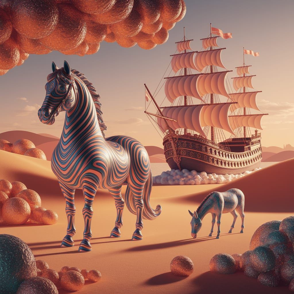 Whimsical Candy World Landscape with Candy Horse and Donkey