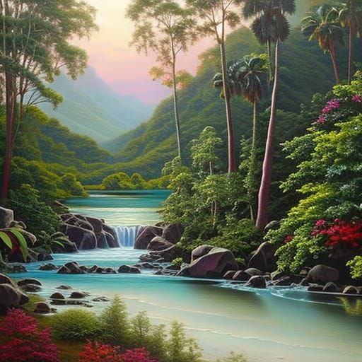 Luminous Rainforest Landscape in Oil on Canvas