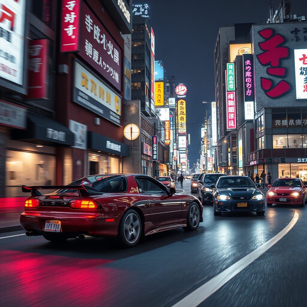 Tokyo Midnight Drift: Cars in Cyberpunk Cityscape