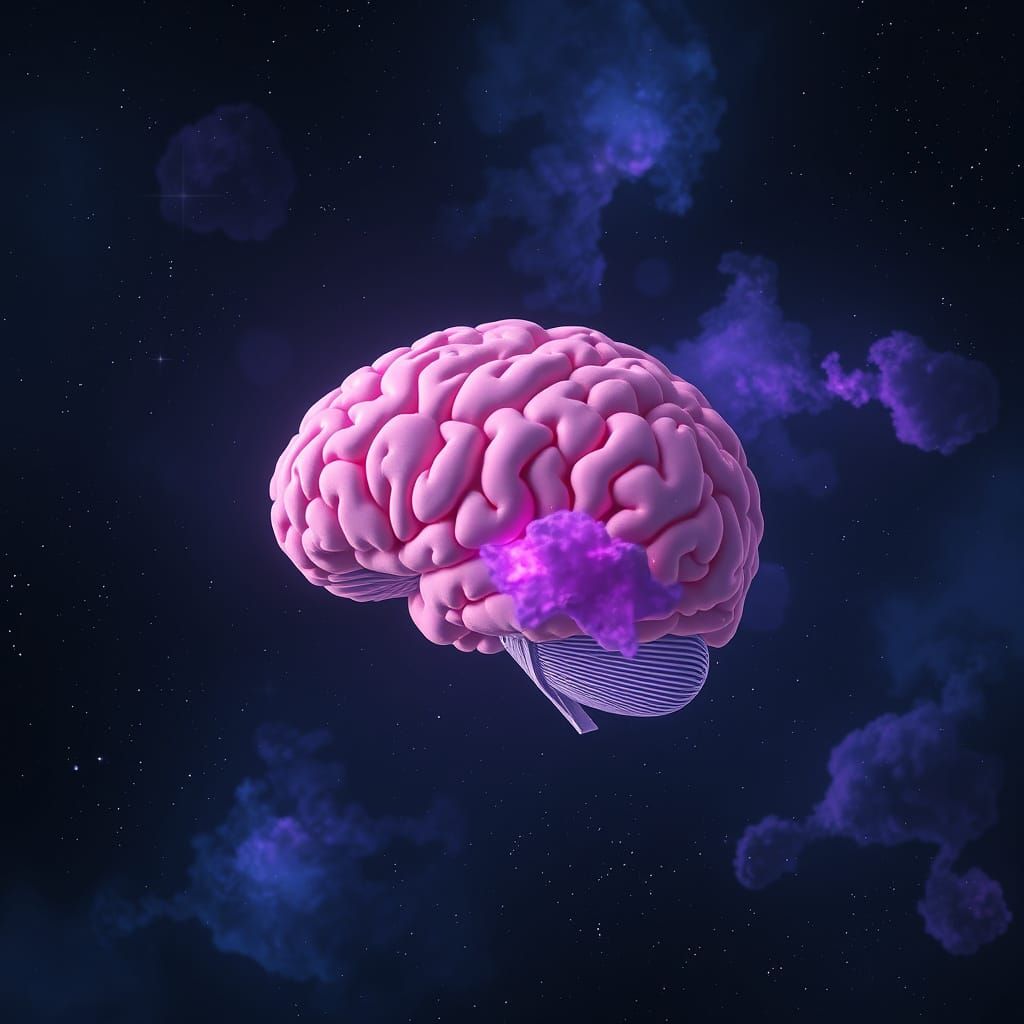 Brain Floating in Space with Nebula Clouds