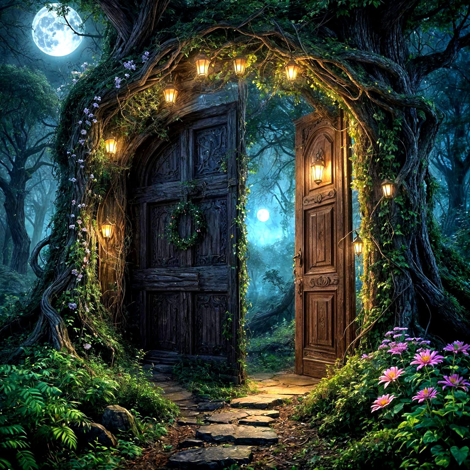 Mystical Doorway in Enchanted Forest at Night