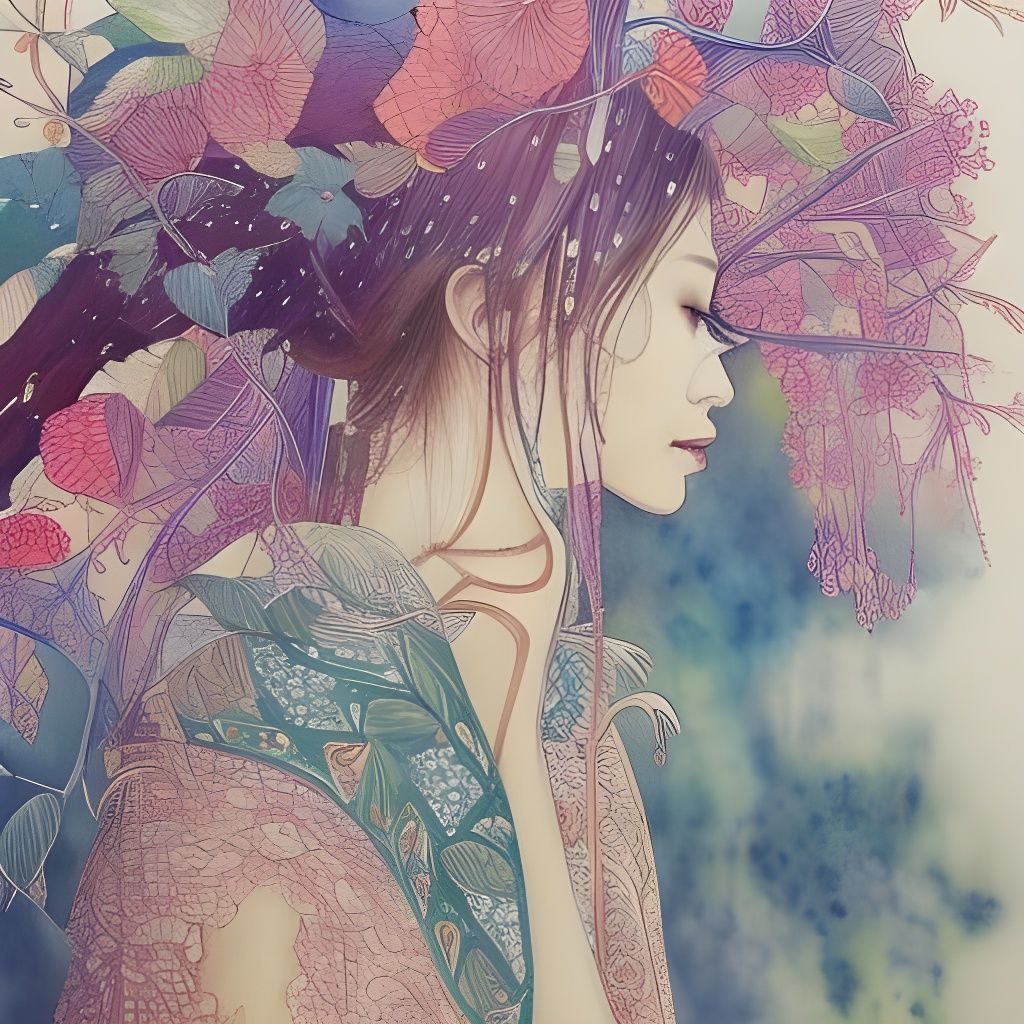 Woman Daydreaming in Watercolor Pergola at Sunrise