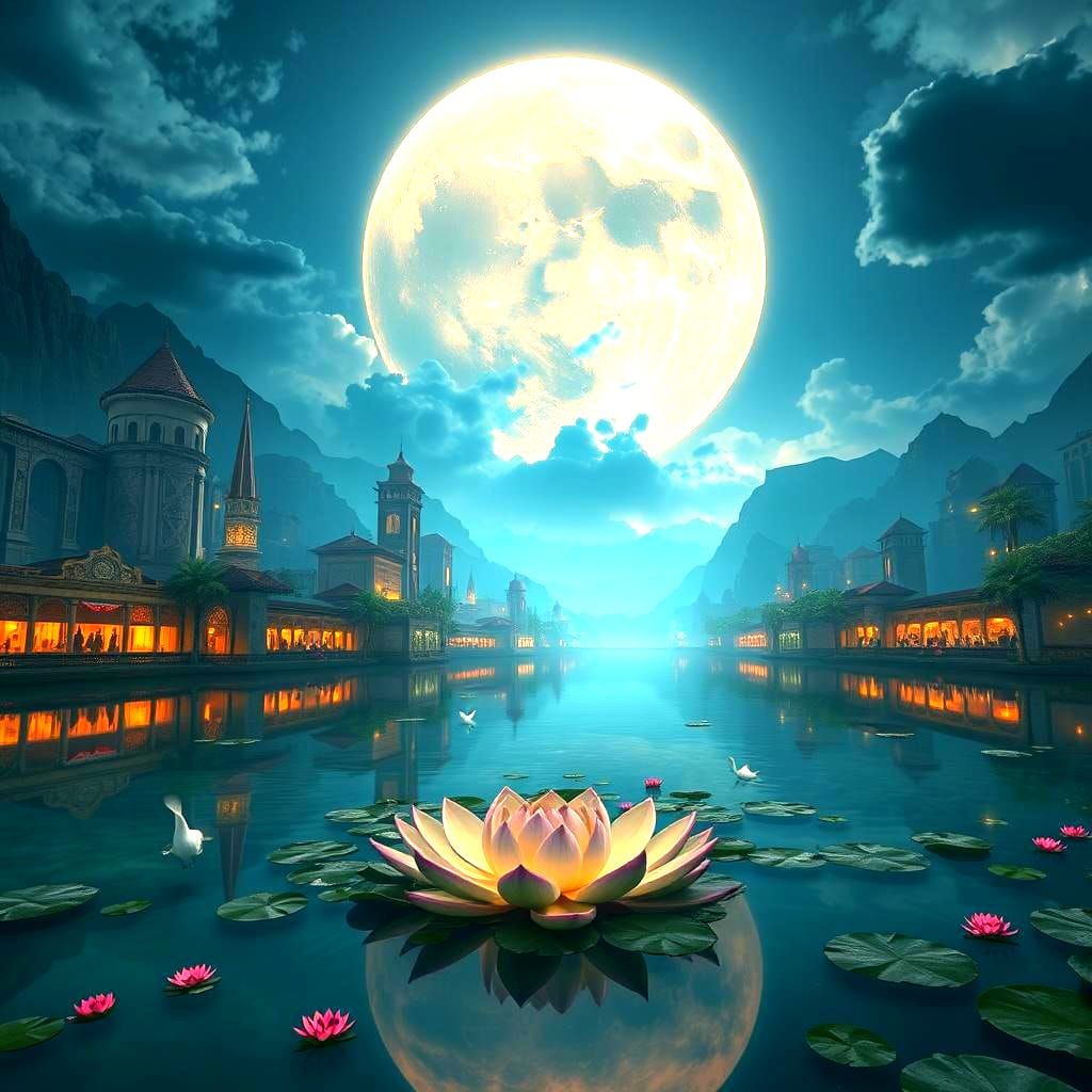 Surreal City Center Under Lotus Moon: Fantasy Concept Art