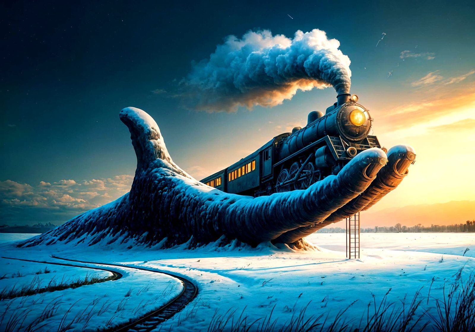 Surreal Winter Train Descends Giant Stone Hand