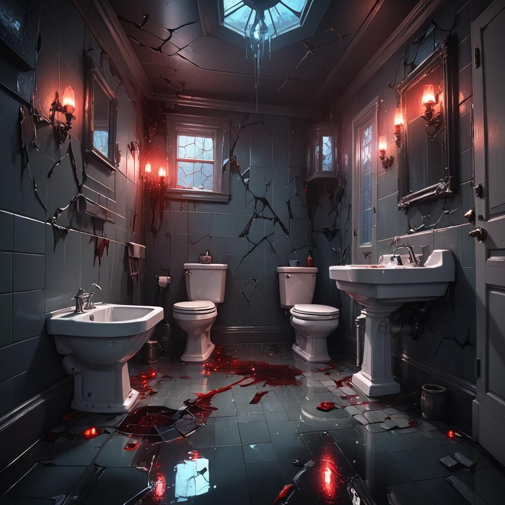 Eerie Spectral Presence in Haunted Bathroom, 3D Anime Art