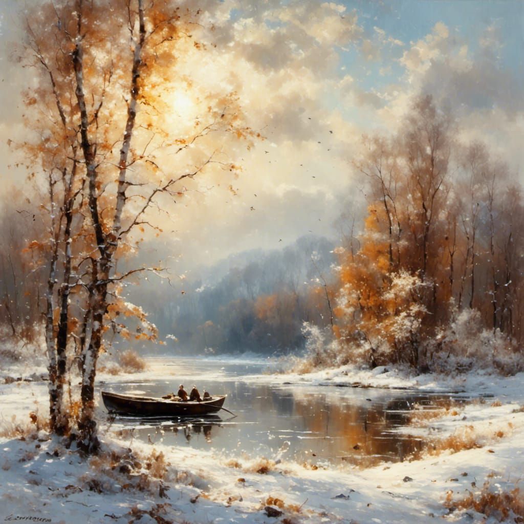 peinture a l'huile  lac eau verdâtre barque oiseau soleil voilé neige qui tombe <lora:Excuisite Painting:1.0>...