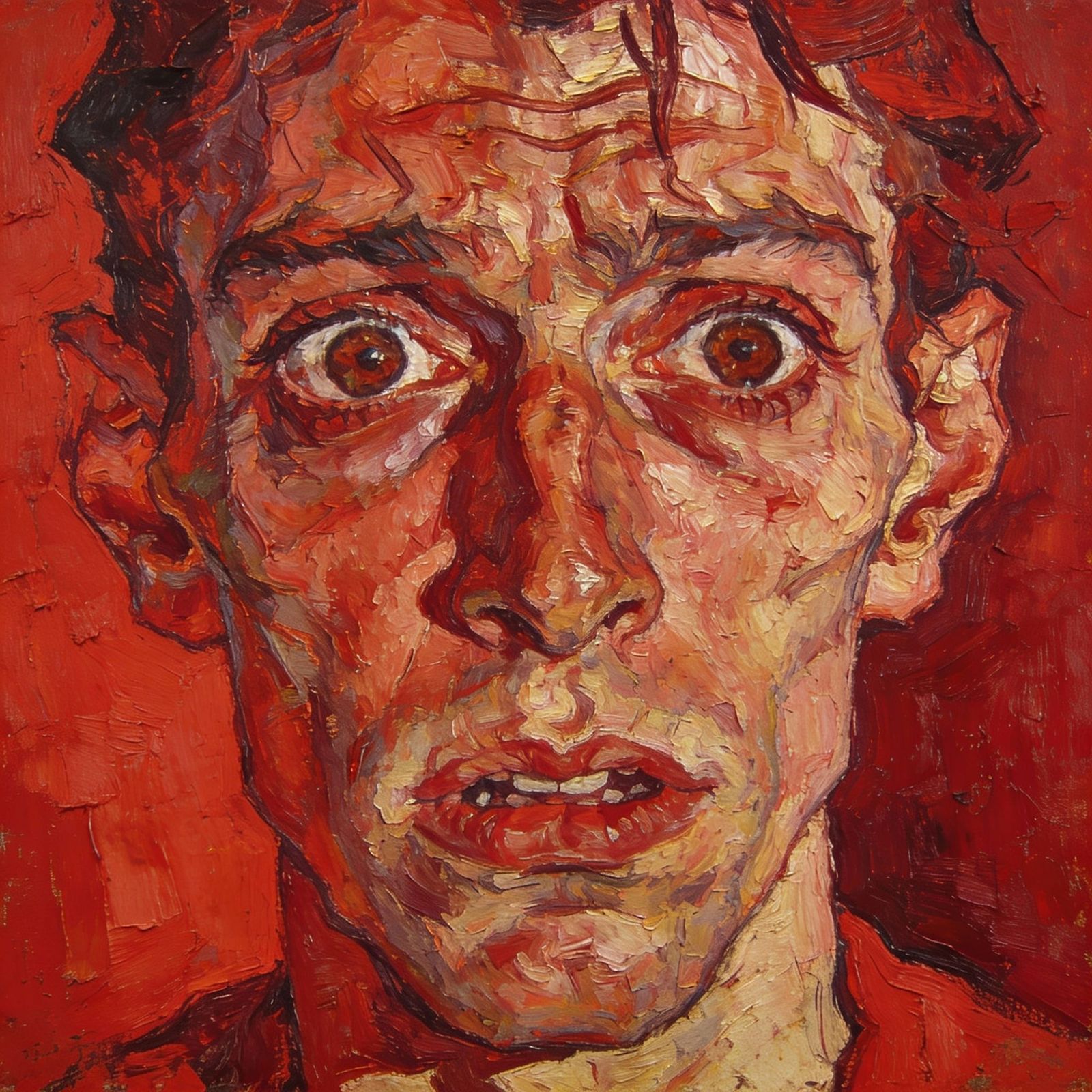 Expressionist Portrait of Anguished Face in Crimson and Scar...
