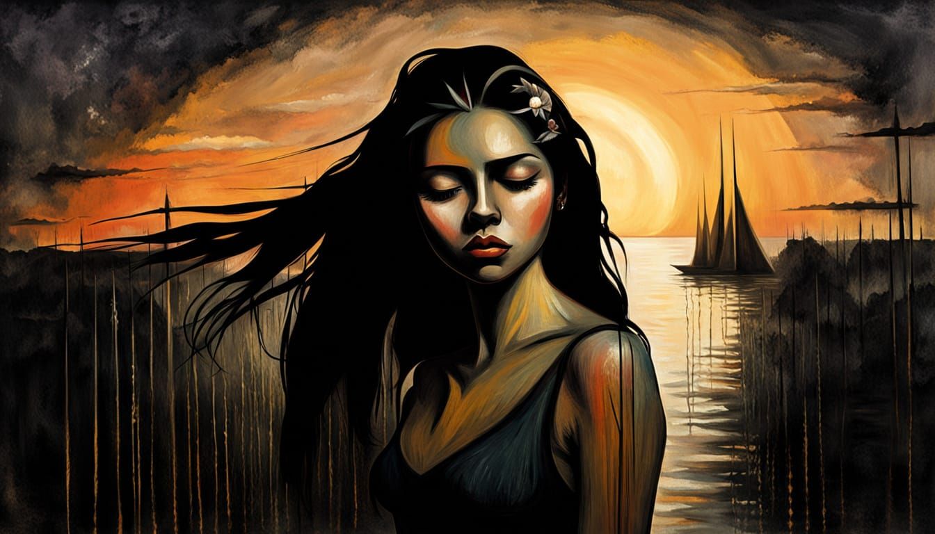 Sad Weeping Woman at Sunset, Chiaroscuro Lighting