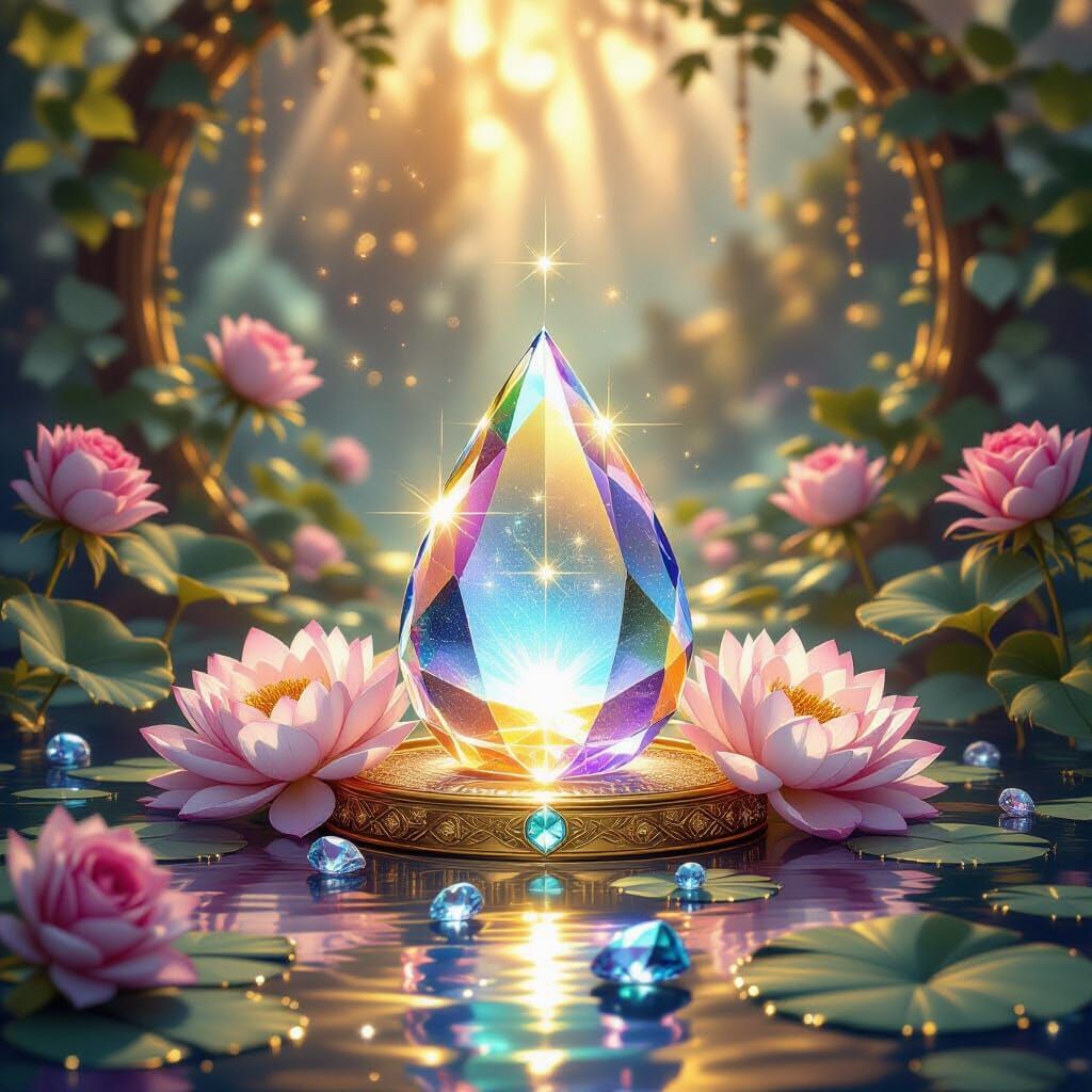 Crystalline Light Drop on Golden Way with Lotos Flowers