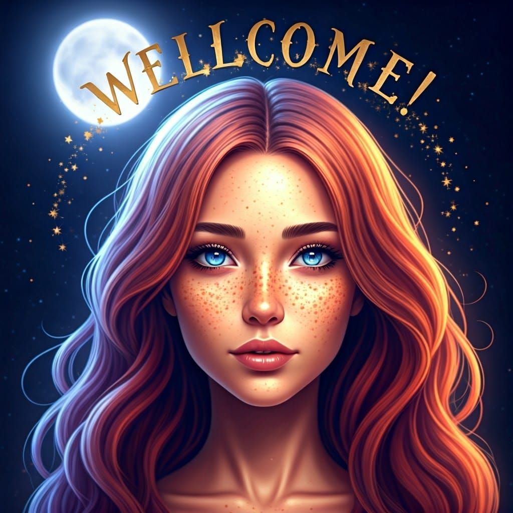 Ethereal Girl Under Moonlit Sky with Welcome Message