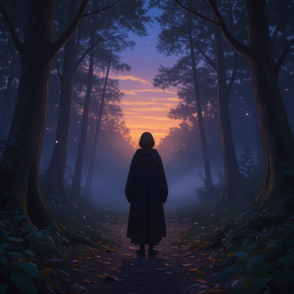 Mysterious Wanderer at Misty Forest Twilight