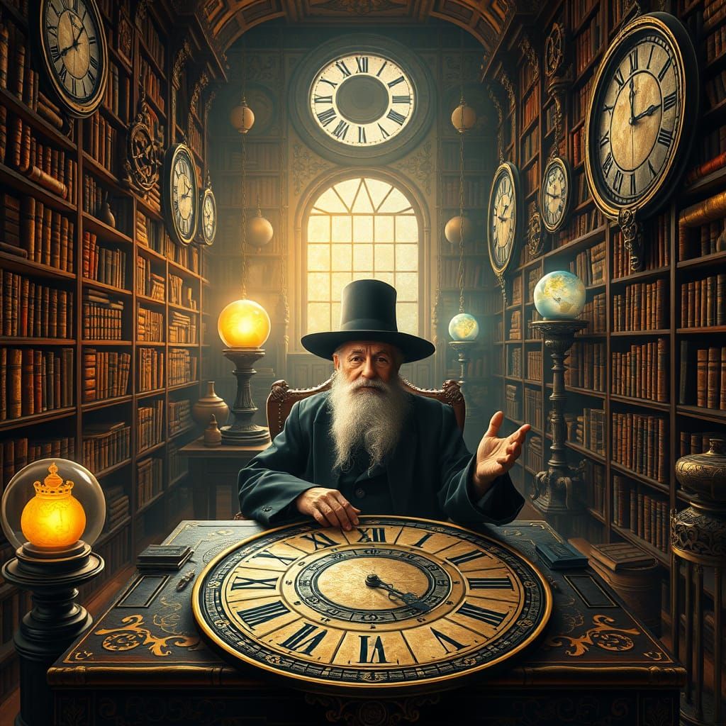 Enigmatic Rabbi Amidst Celestial Library