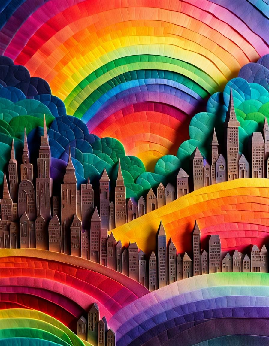 Rainbow Metropolis Hill in Mixed Media Collage