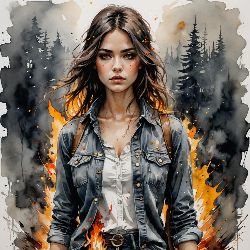 Fantasy Watercolor: Woman Before Burning Tent