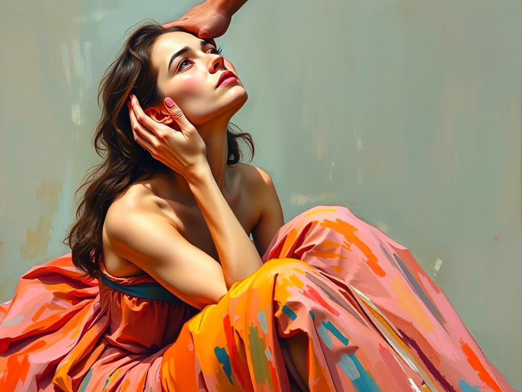 Touching Gouache Painting of a Sad Woman's Face