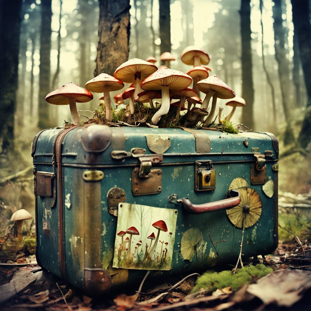 Mushrooms Bloom from a Vintage Suitcase in a Forest Glade