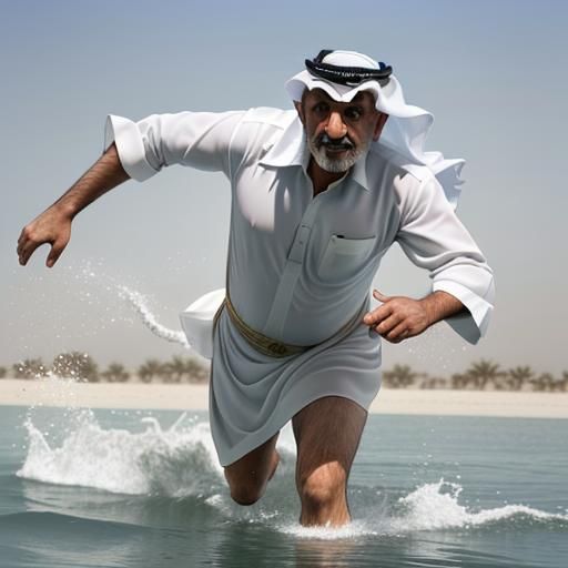 arabian dad exiting water in a hurry
