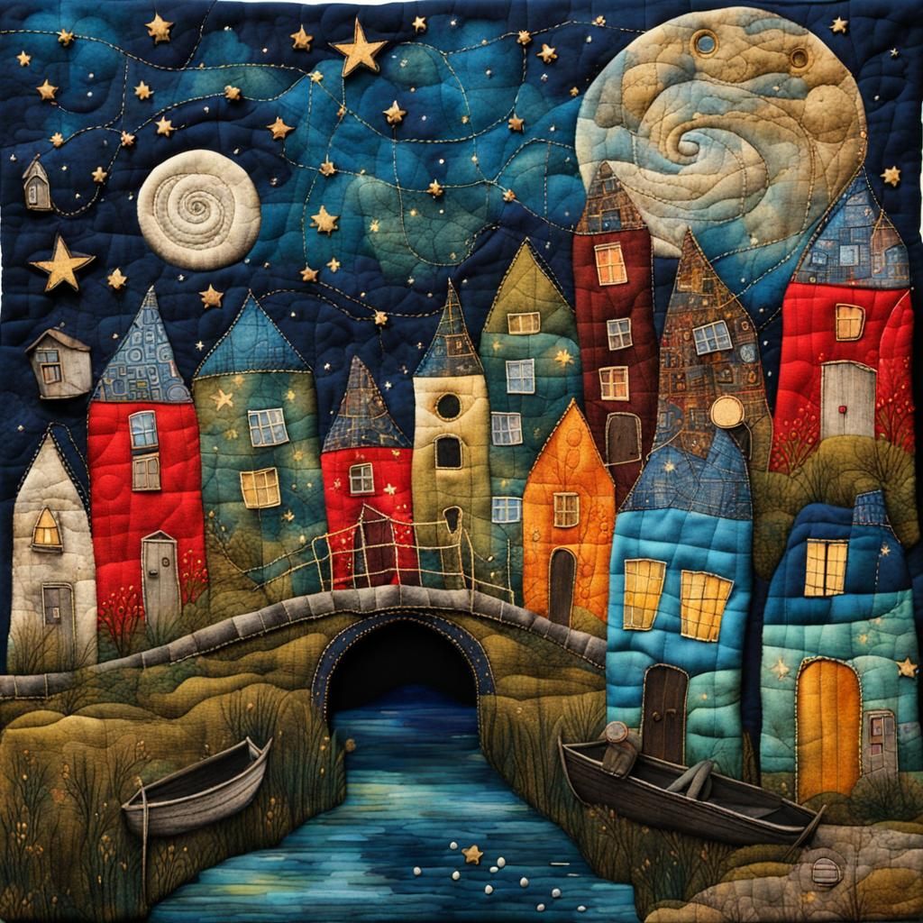 Mystical Canal Fabric Collage with Vintage Elements