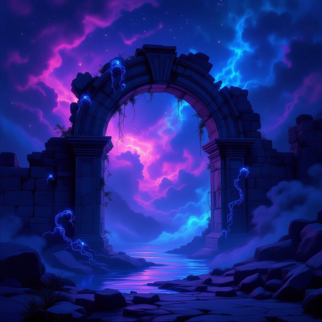 Ancient Stone Archway in Bioluminescent Nebula