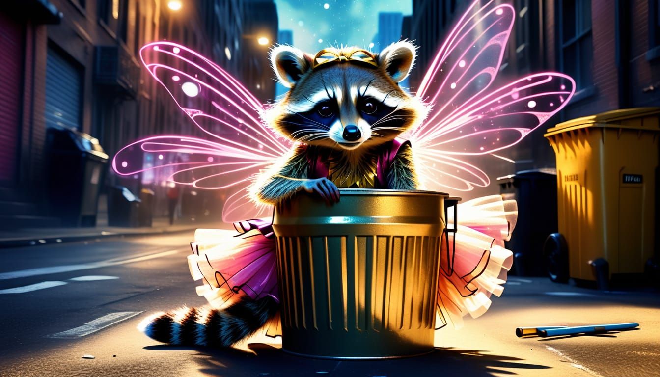 Raccoon Fairy Sits on Trashcan in Alcohol Ink Style