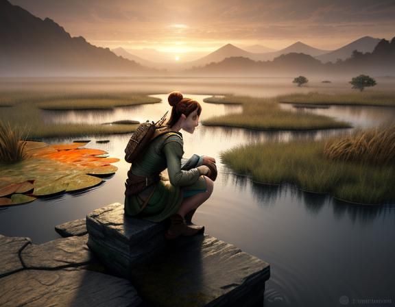 Female Amphibioid in Misty Pond, 3D Game Art
