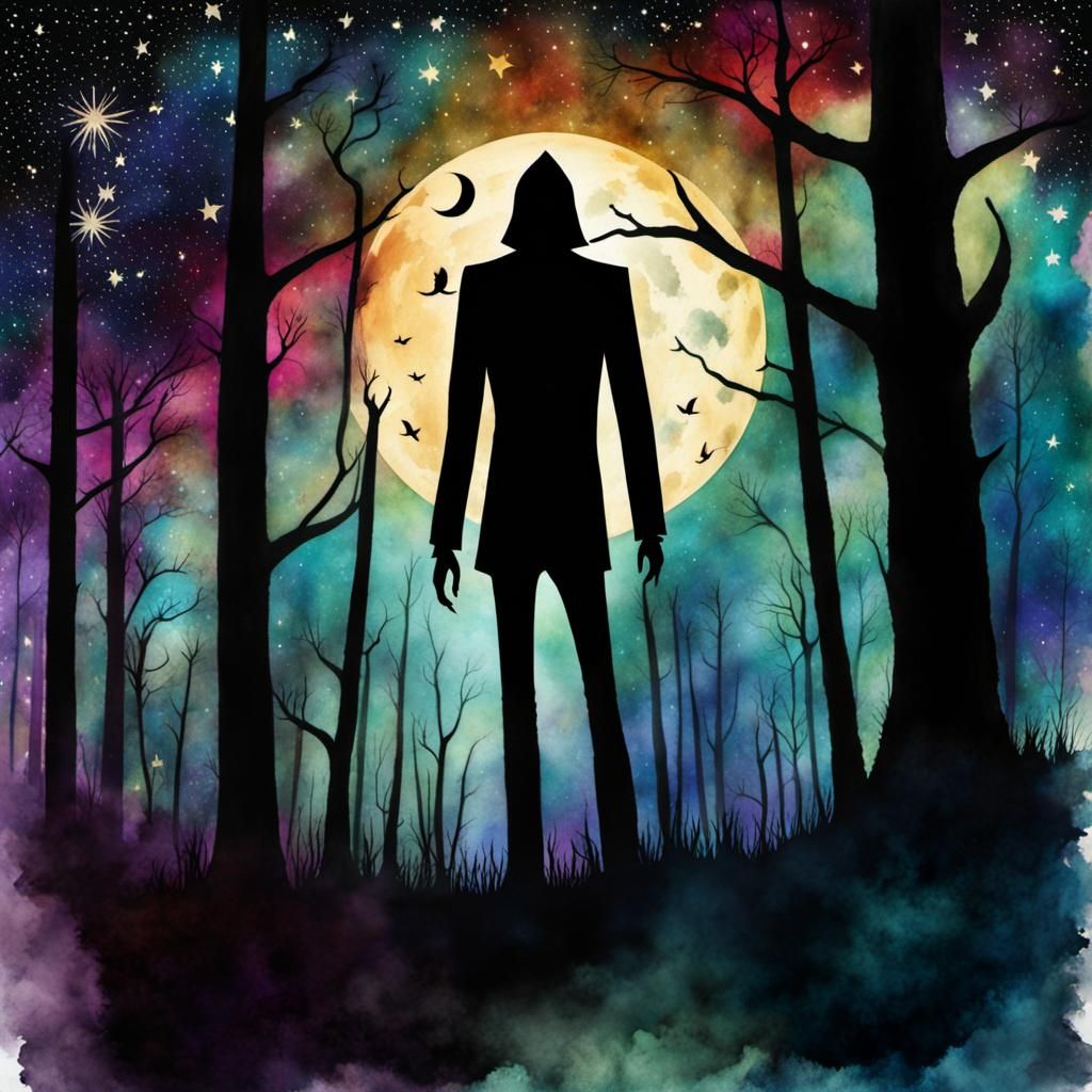Watercolor Slender Man in Creepy Gothic Forest