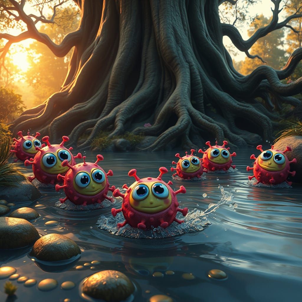 Cute Viruses Play in Enchanted River Landscape