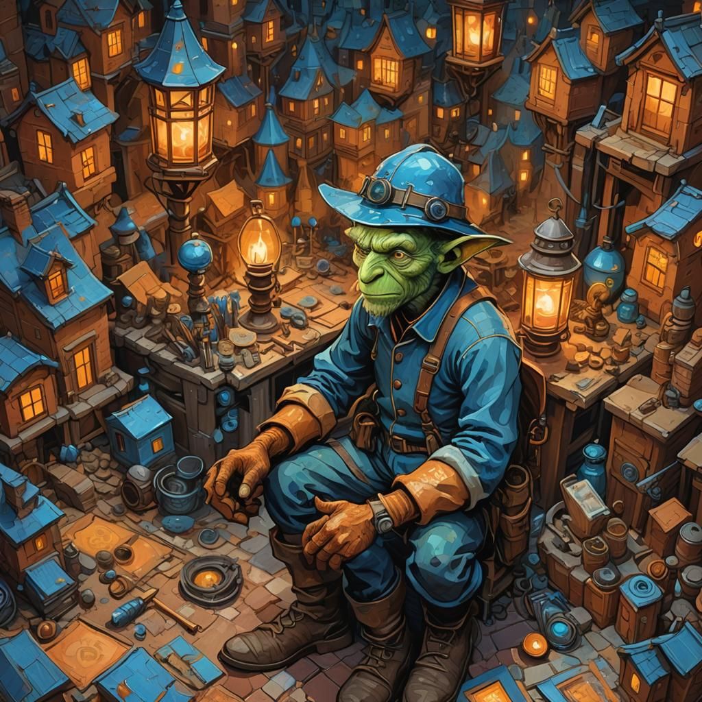Goblin Engineer Amidst City Tools: Van Gogh Style