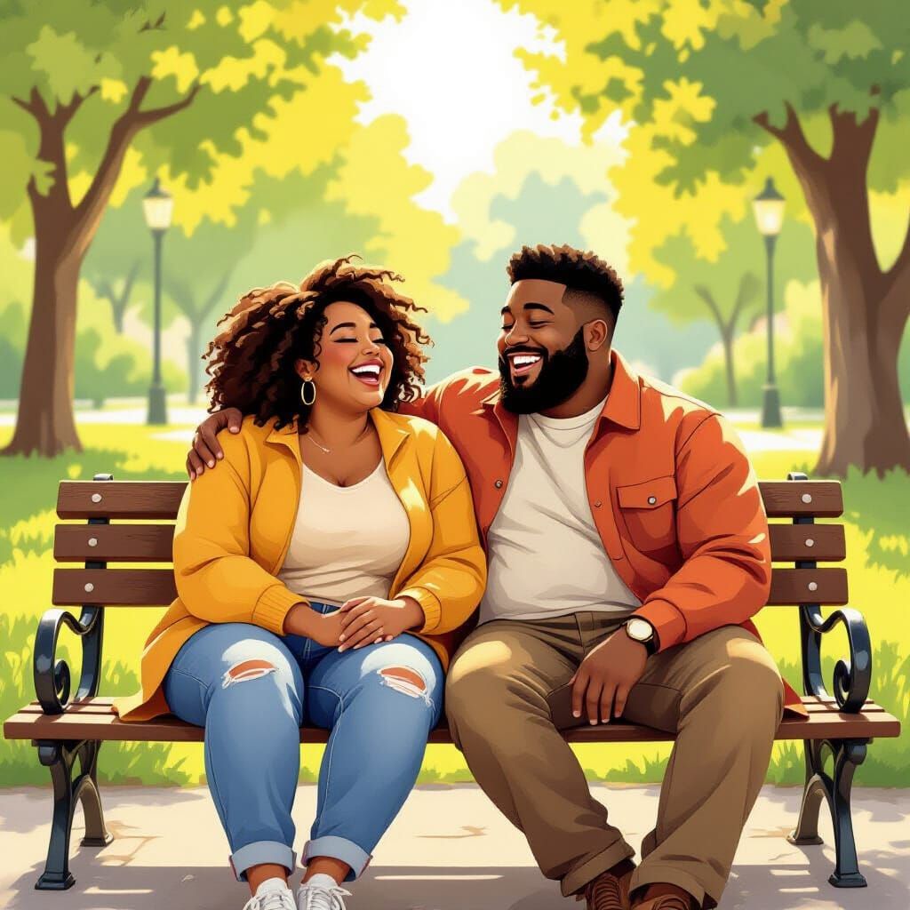 Joyful Gay Couple Laughing on Park Bench in Bright Colors