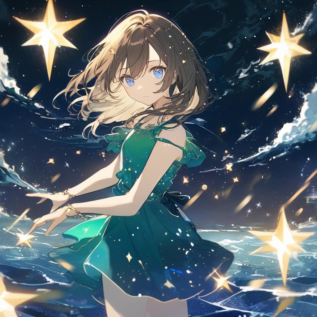Anime Girl with Sparkling Ocean and Radiant Sand