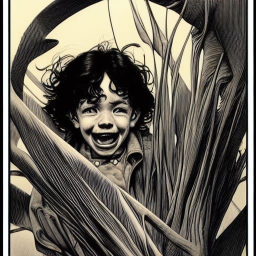 Distressed Boy with Curly Hair in Comic Art Style