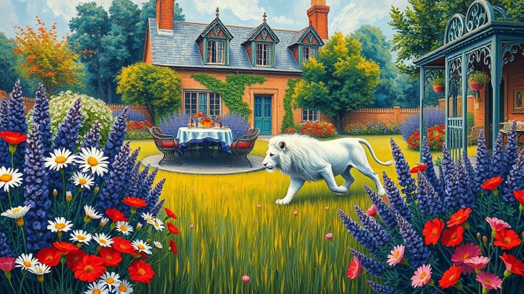 Victorian Garden with Lion in Van Gogh Style