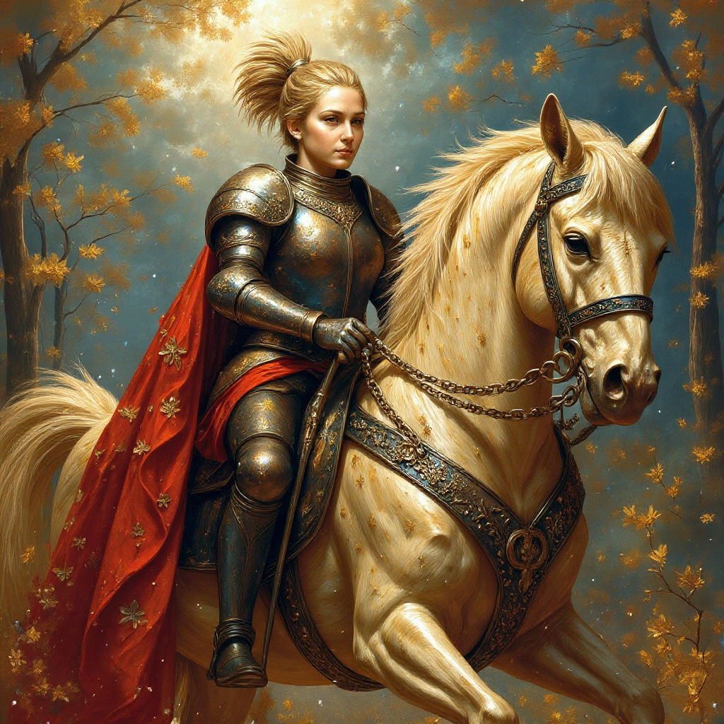 Joan of Arc in Detailed Armor on Horseback, Romantic Style