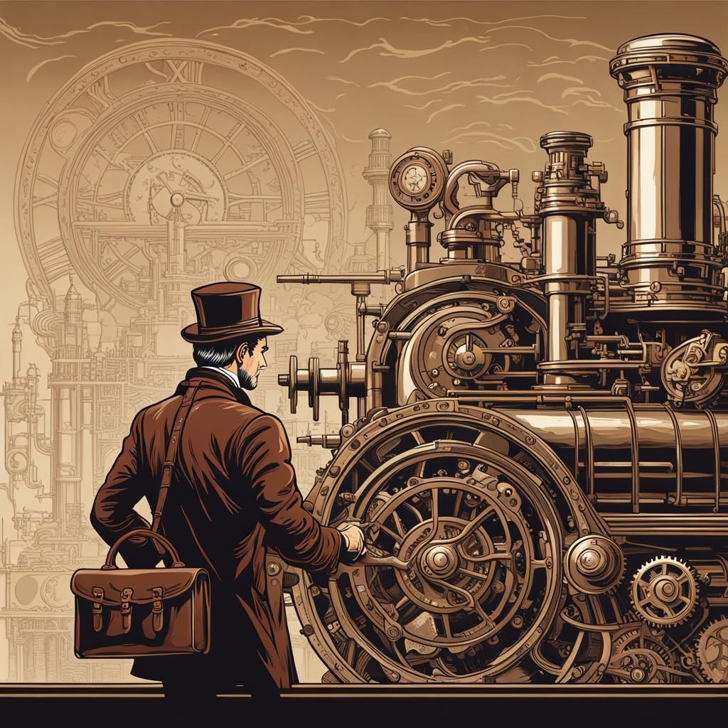 Steampunk Engine and Businessman Vector Illustration