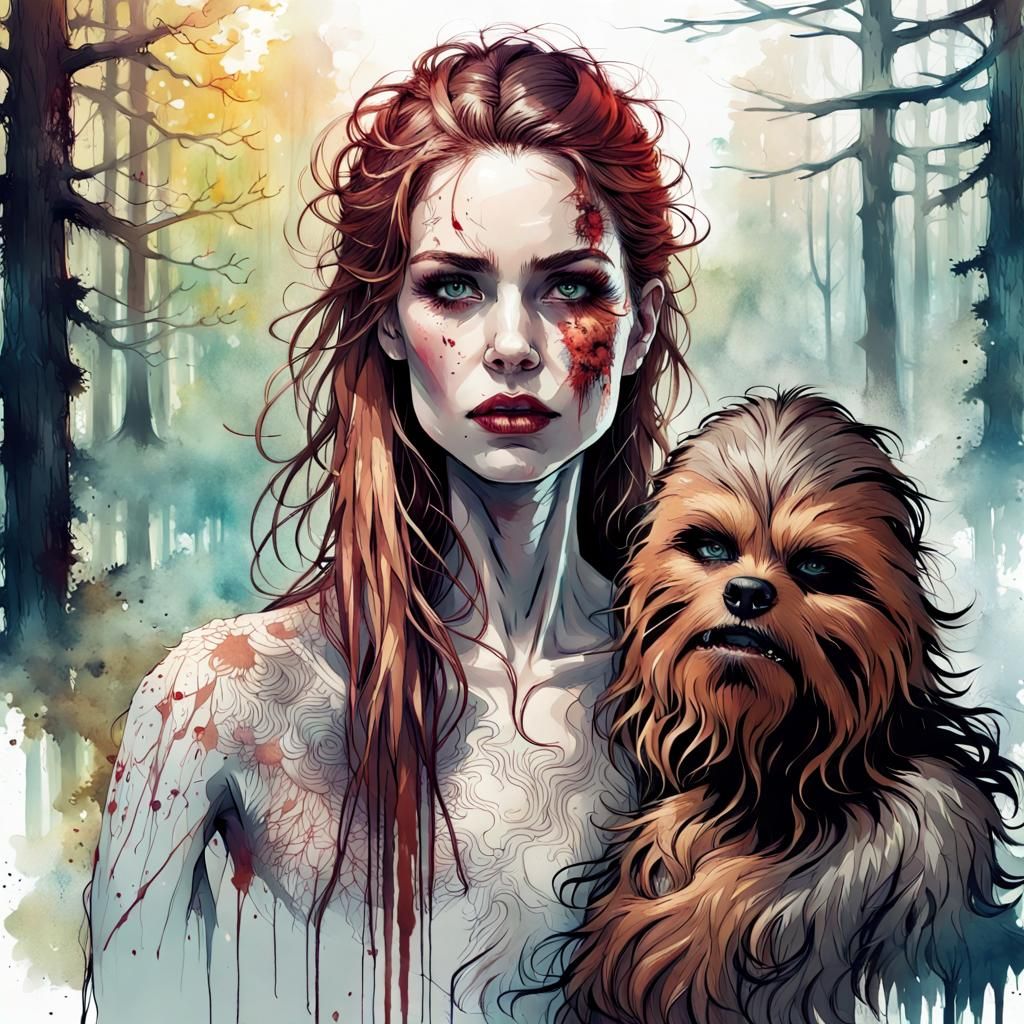 Vampire and Chewbacca Portrait in Watercolor Style