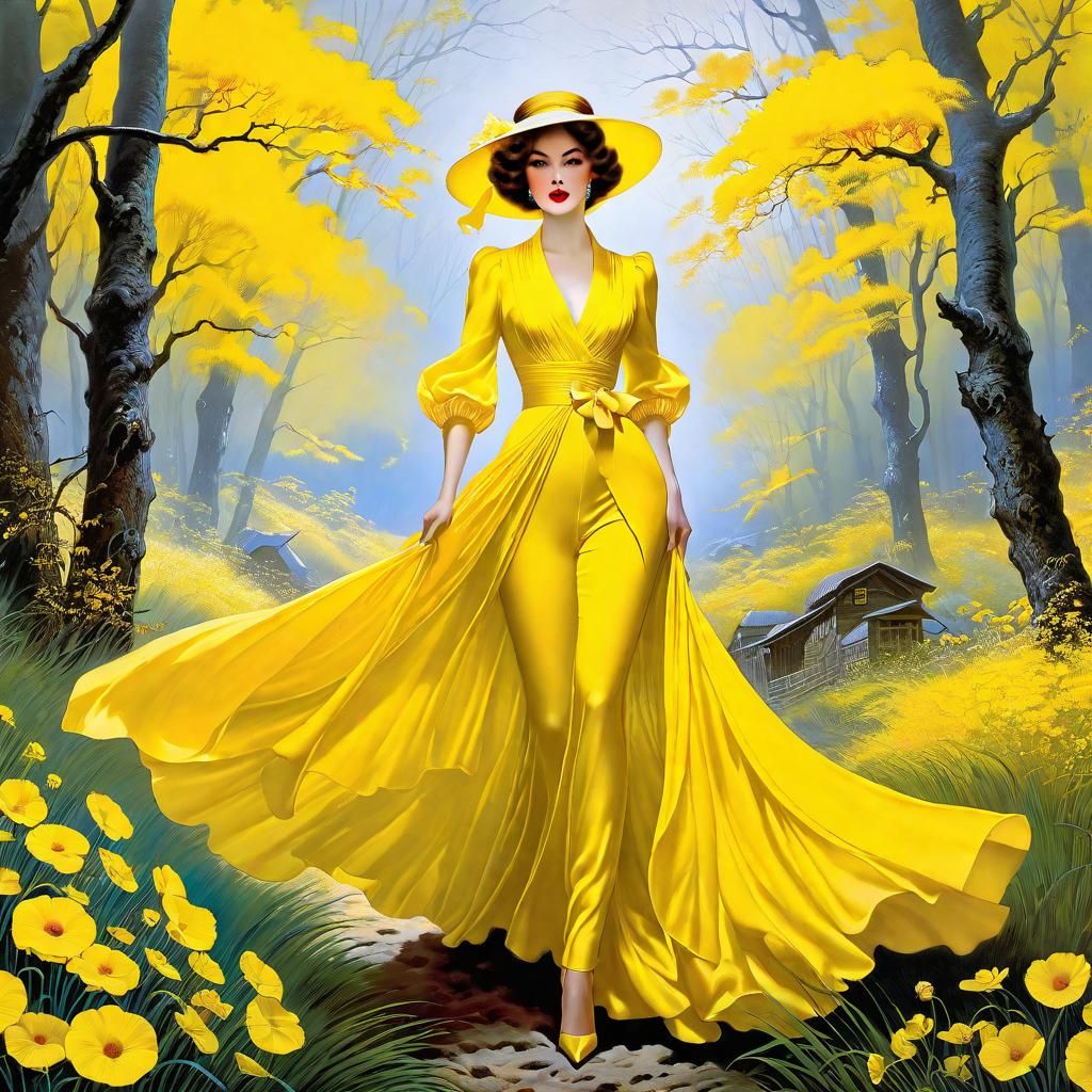 Vibrant Figure in Art Nouveau and Landscape Styles