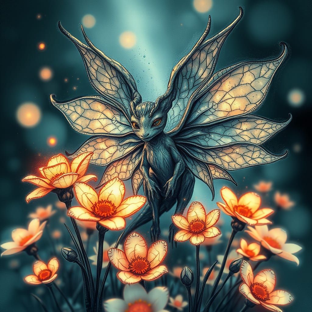 Whimsical Fractal Creature Amidst Ethereal Flowers