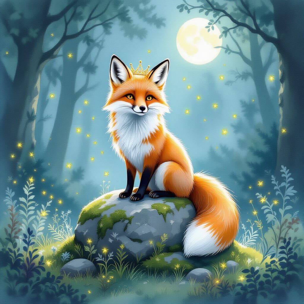 Bioluminescent Fox in Crown, Moonlit Forest Watercolor