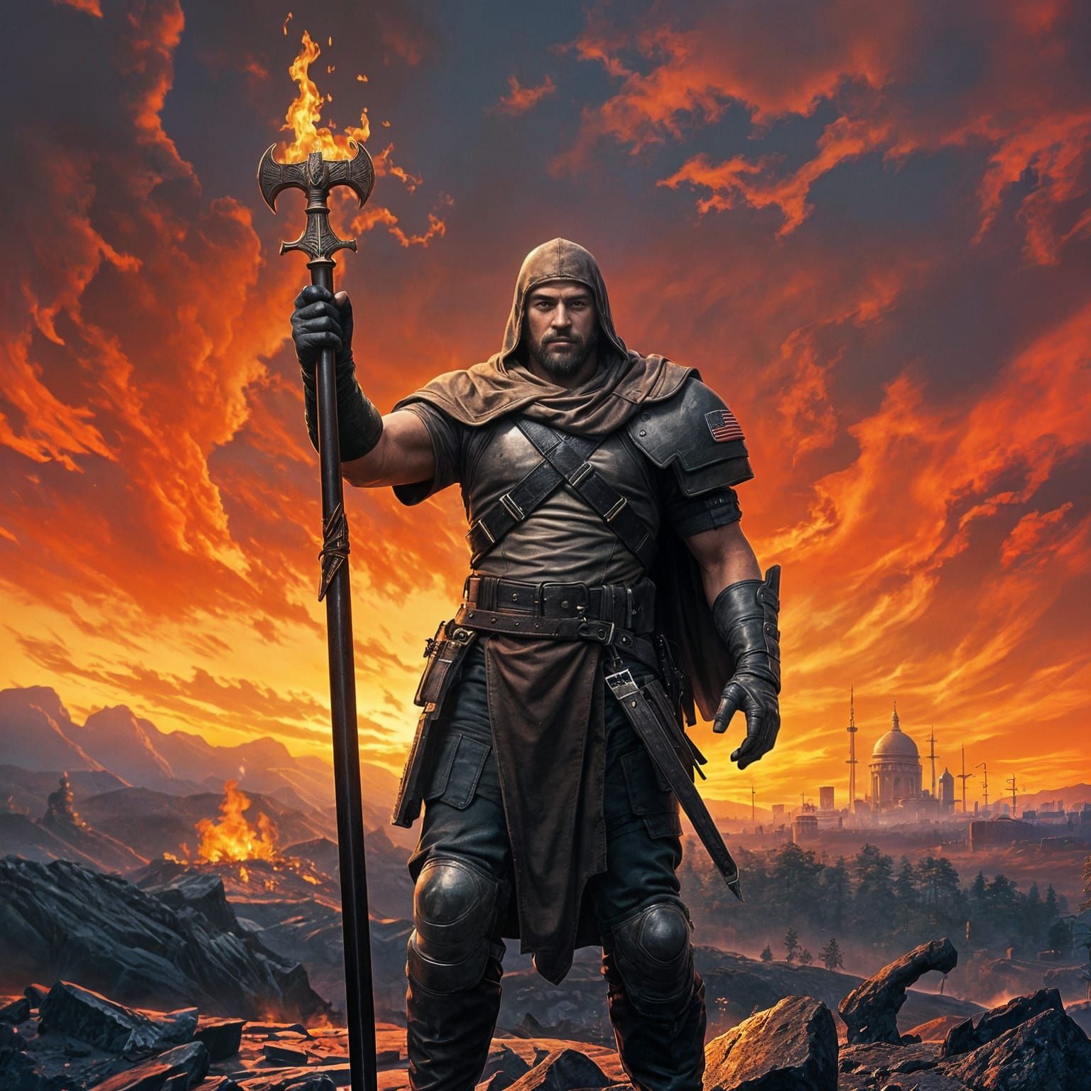 Unyielding Warrior Surrounded by Ravaged Battlefield